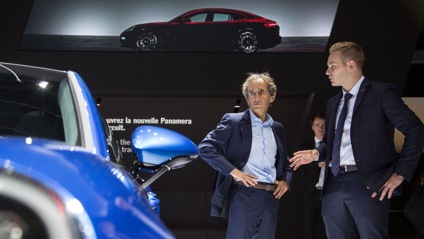 Alain Prost (l), Rennfahrer, Autosalon Paris, 2016, Porsche AG