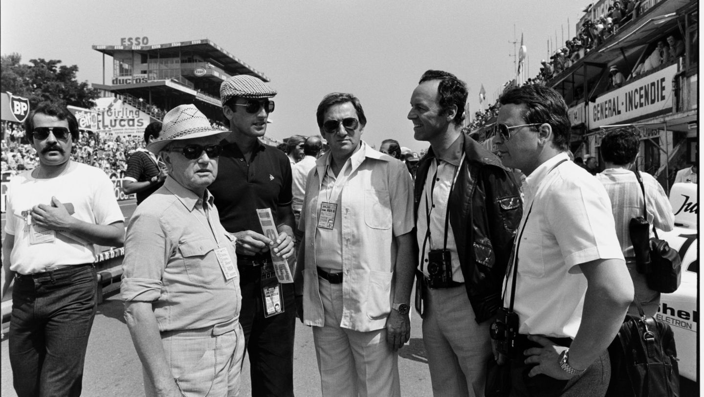 Ferry Porsche, Manfred Jantke, Peter W. Schutz, Norbert Wagner, Dr. Wolfgang Porsche, l-r, Le Mans, 1981, Porsche AG