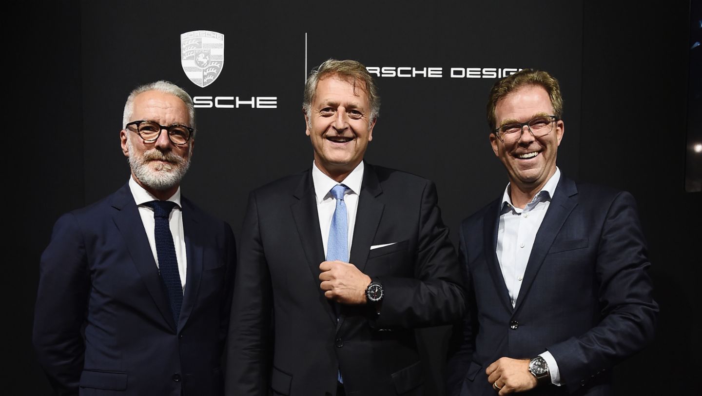 Pietro Innocenti, Managing Director Porsche Italia S.p.A., Detlev von Platen, Member of the Executive Board responsible for Sales and Marketing at Porsche AG, Jan Becker, CEO of Porsche Design, l-r, Porsche Studio, Milan, 2018, Porsche AG