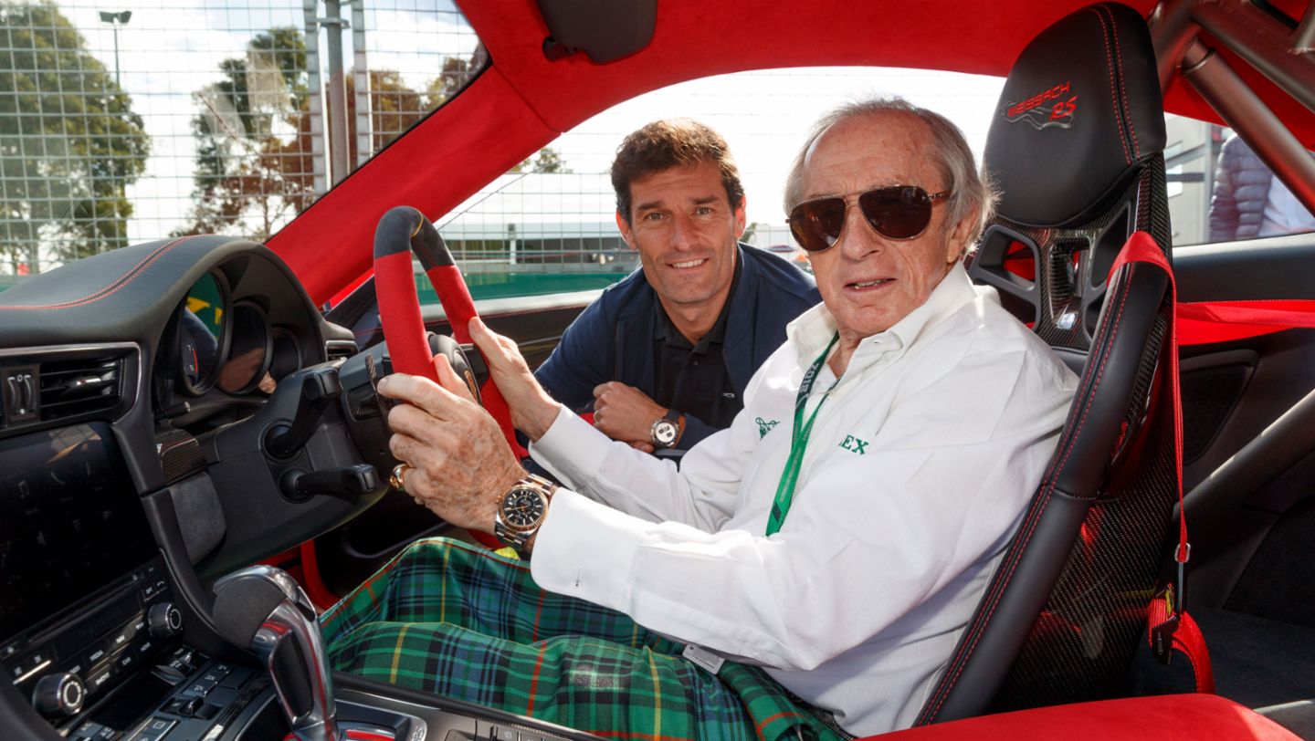 Mark Webber, Porsche Brand Ambassador, Jackie Stewart, l-r, 911 GT2 RS, Albert Park Circuit, Melbourne, Australia, 2018, Porsche AG