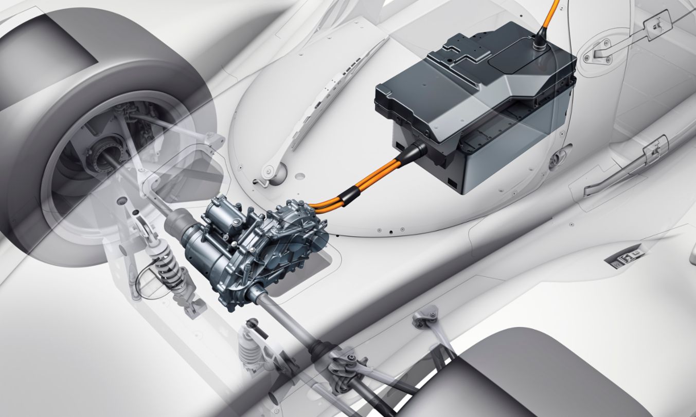 The single electric motor distributes its power to the two front wheels via a differential as needed. The highly advanced energy management unit for the battery is located near the centre of the vehicle.