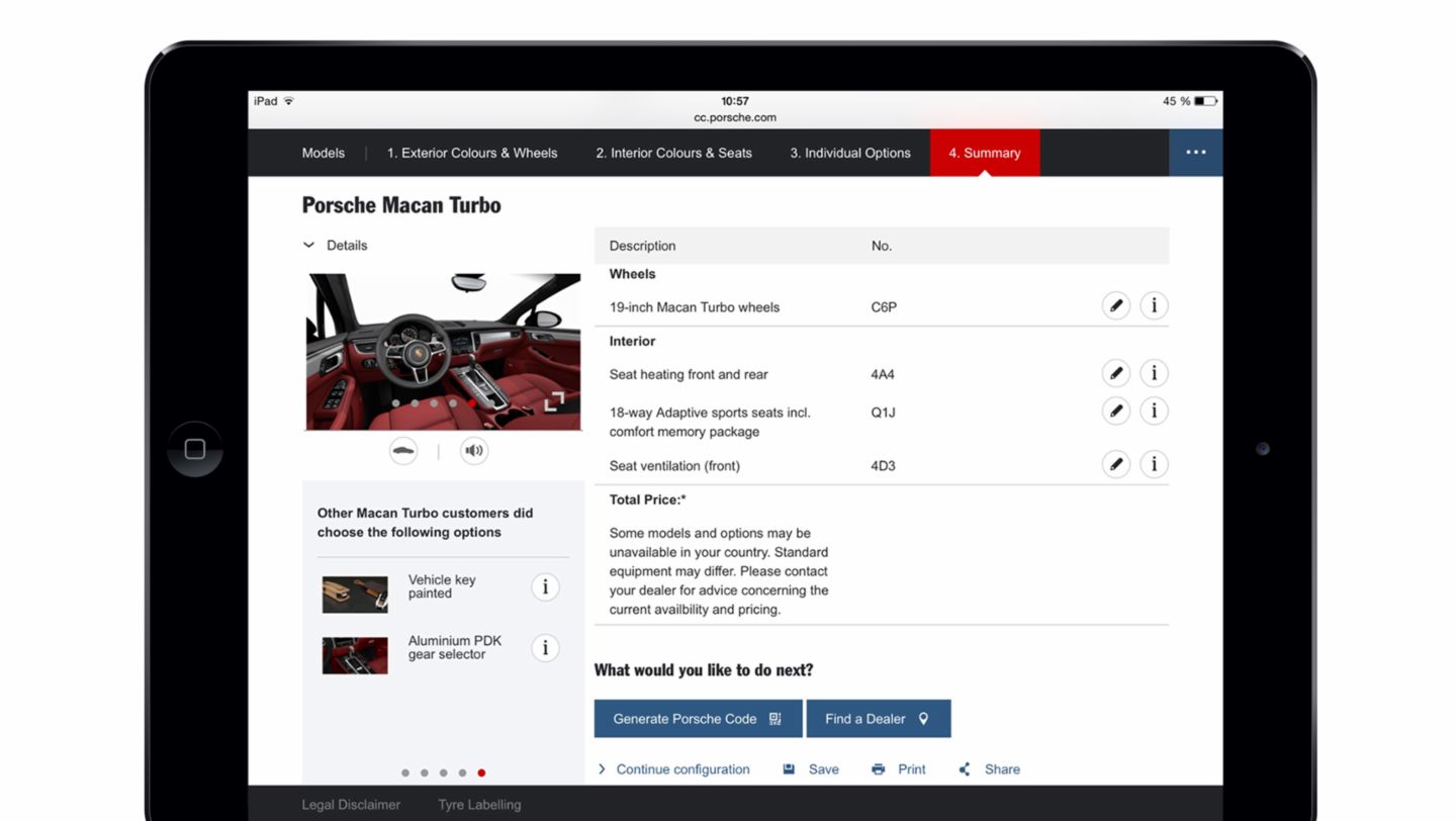 Tablet-PC view of the Car Configurator