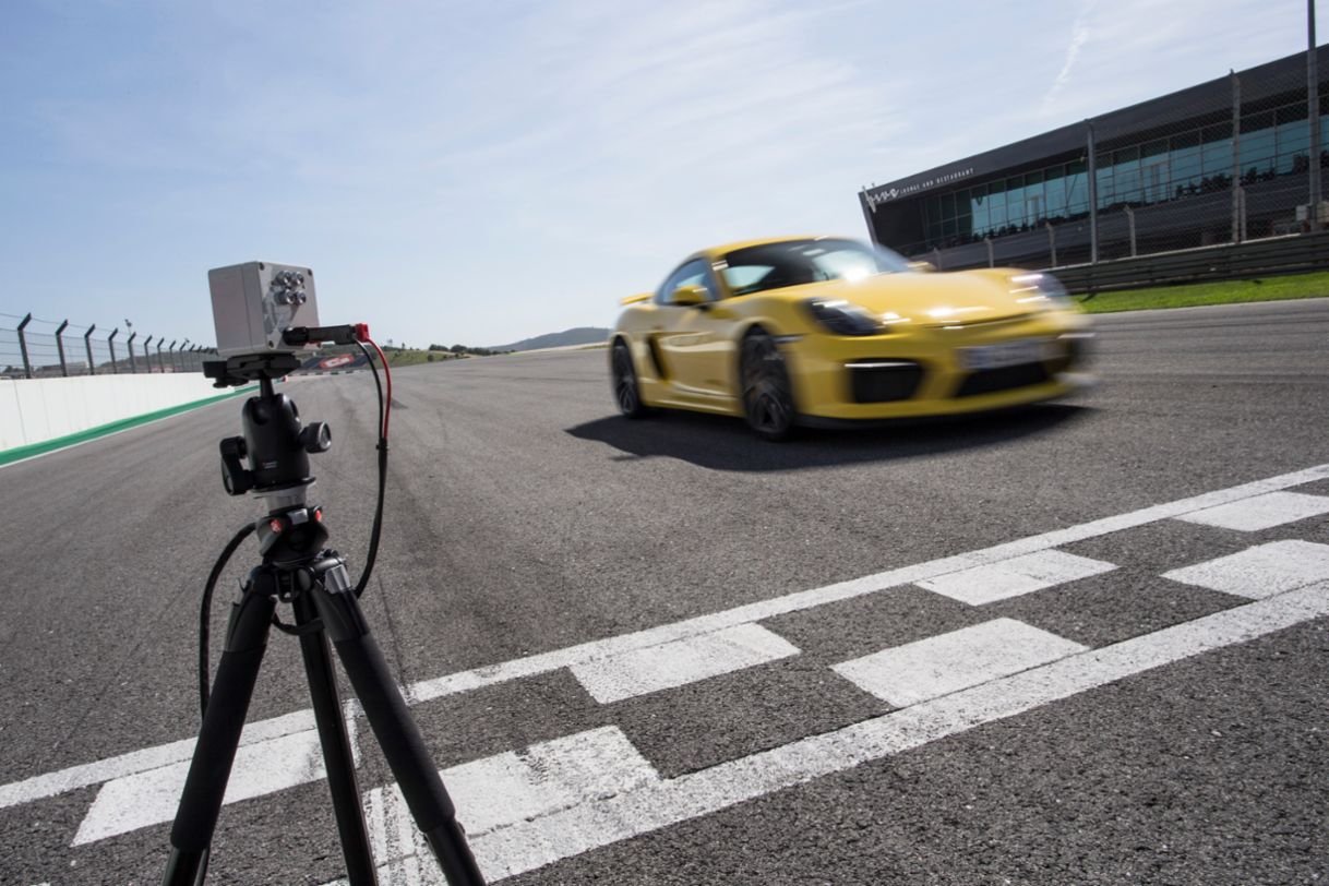 Lapptrigger used  with the Cayman GT4 and Porsche Track Precision App