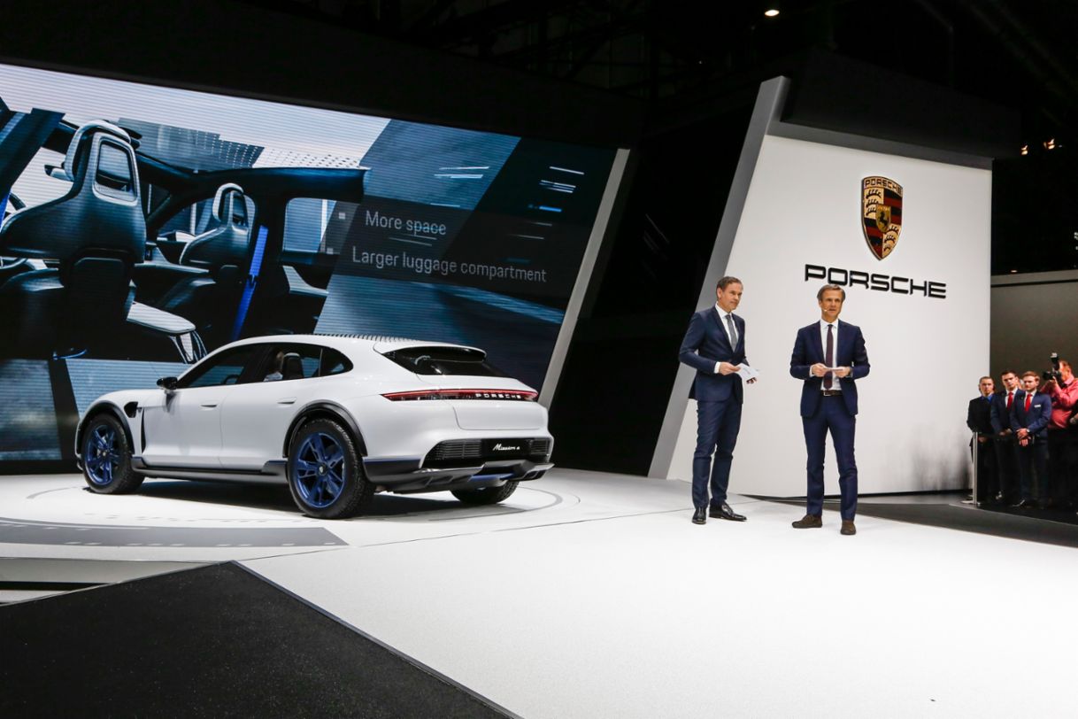 Geneva International Motor Show 2018: Oliver Blume, Chairman of the Executive Board of Porsche AG, and Michael Mauer, Vice President Style Porsche, presenting the concept study Mission E Cross Turismo