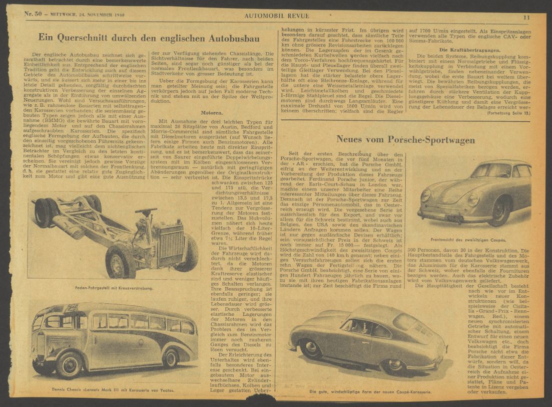 «Novità sulla vettura sportiva Porsche» si intitola un nuovo resoconto di Automobil-Revue sul numero 50 del 24 novembre 1948.