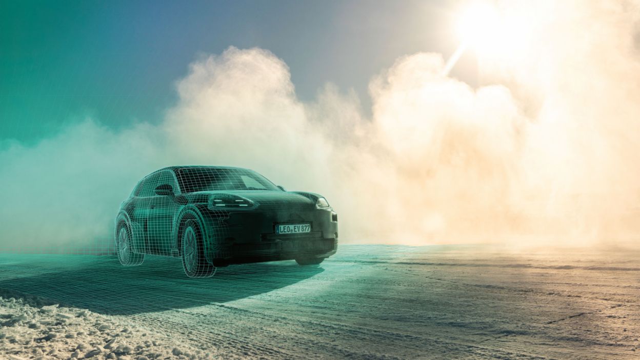 A black Porsche Cayenne is shown in a snowy environment, with digital grid lines and smoke rising from the tires. 