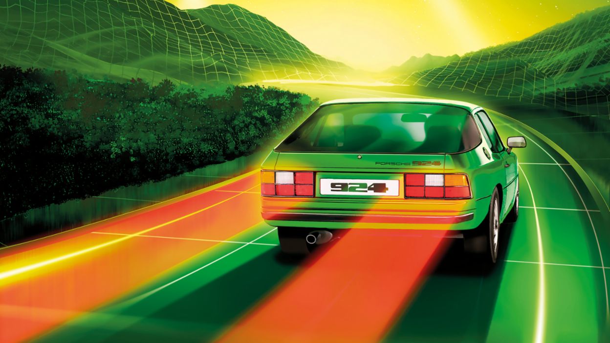 Ein Porsche 924 fährt bei Nacht durch eine digitale, neonbeleuchtete Landschaft, inspiriert von den 80er Jahren.