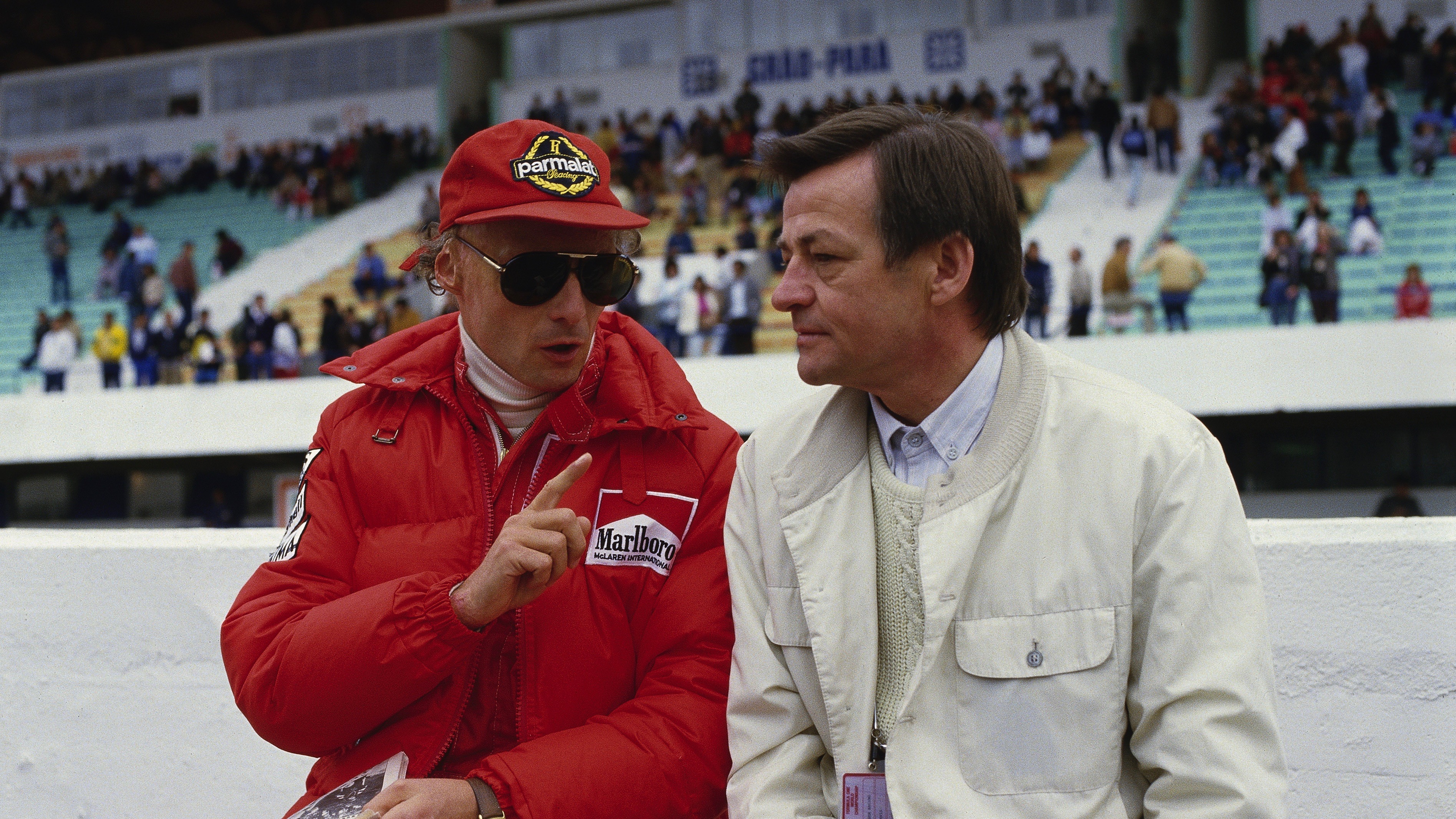 Niki Lauda, Hans Mezger (i-d), aprox. 1984, Porsche AG