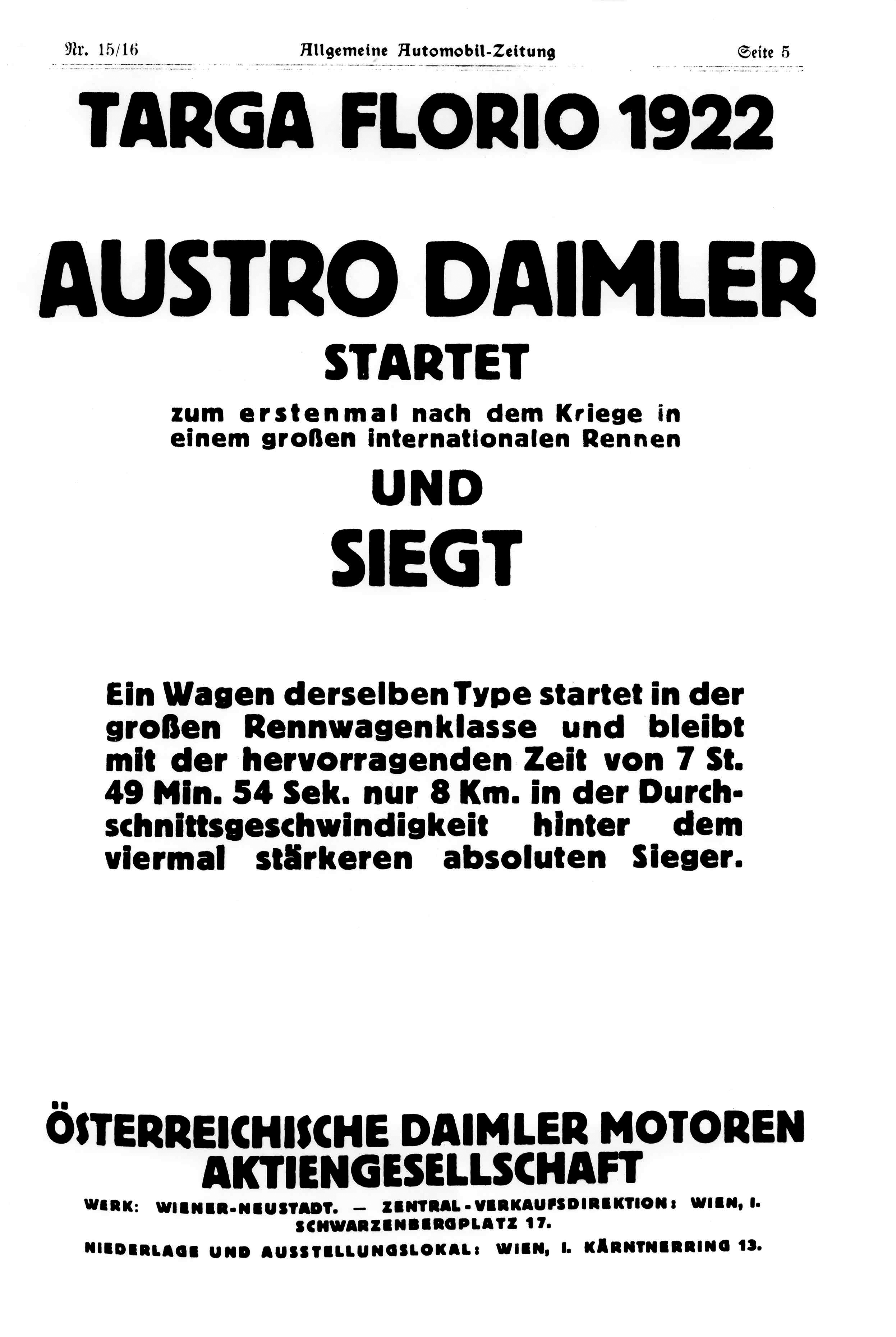 Bericht über das 13.Targa-Florio-Rennen, 2.4.1922, Porsche AG