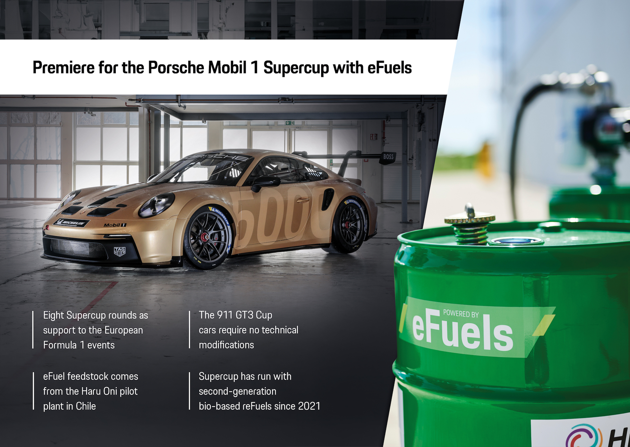 Infografía, uso de e-fuel en la Porsche Mobil 1 Supercup, 2024, Porsche AG