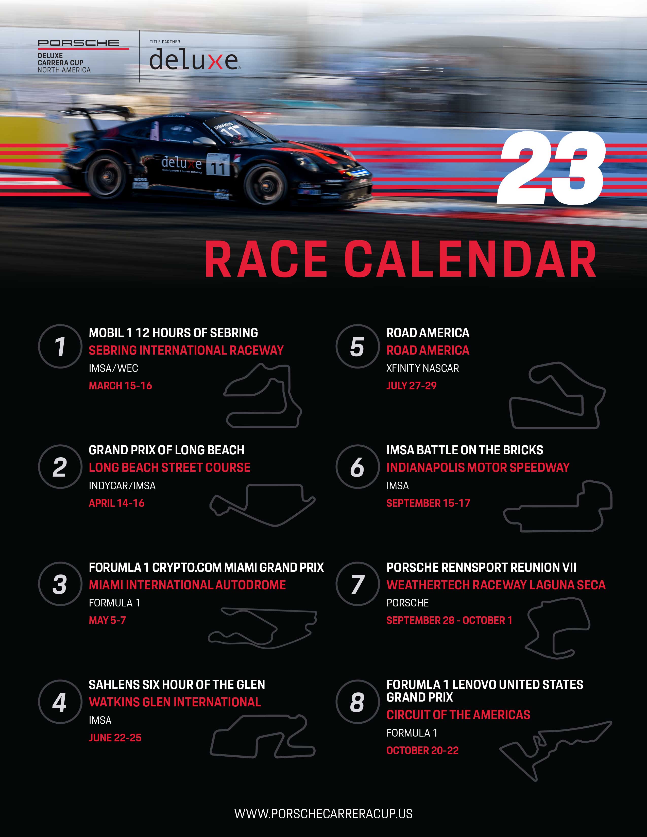 Porsche Deluxe Carrera Cup North America, race schedule, 2023, PCNA