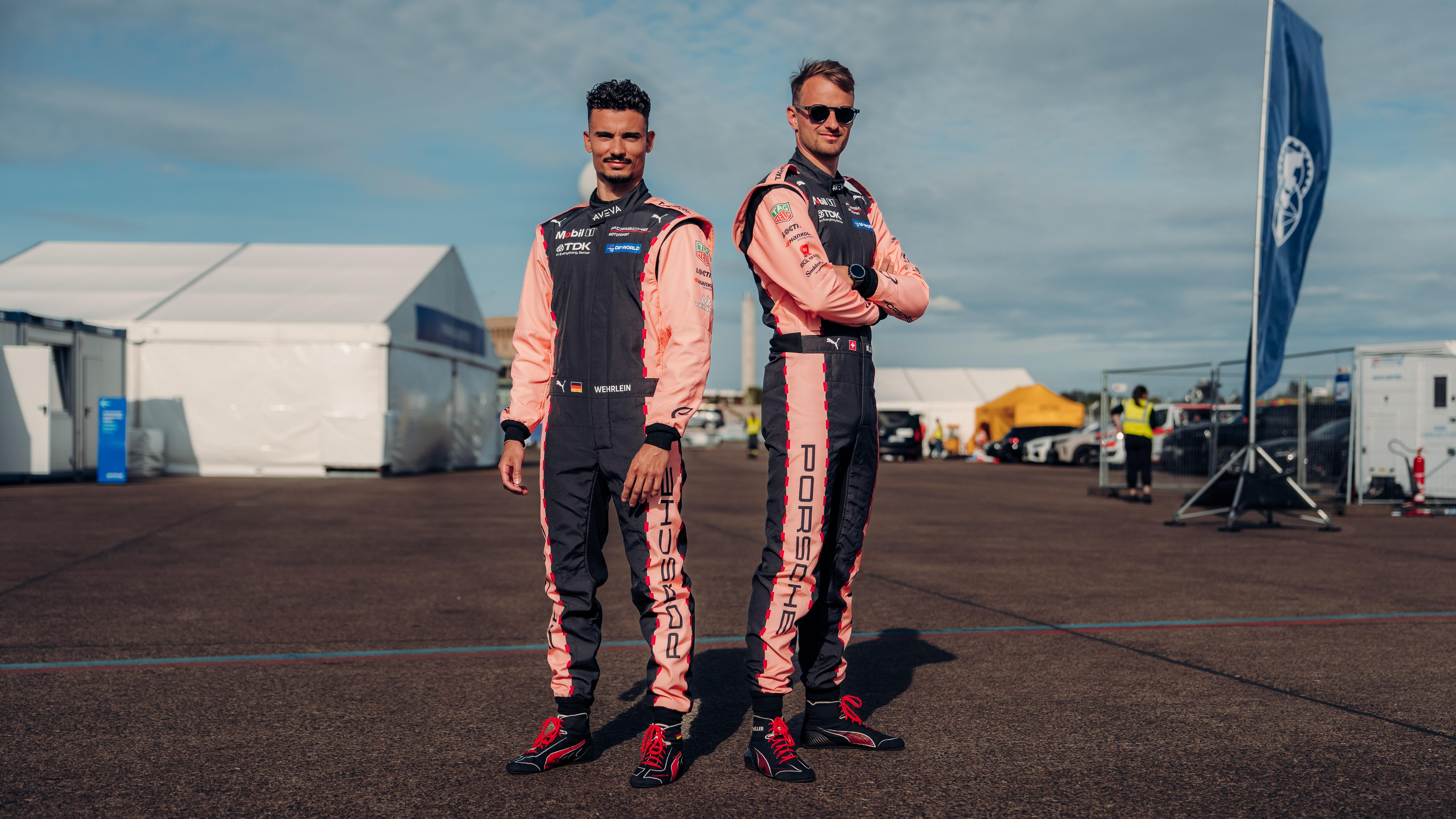 Pascal Wehrlein y Nico M&uuml;ller (i-d), pilotos oficiales del equipo Porsche F&oacute;rmula E, E-Prix de Berl&iacute;n 1, 2026, Porsche AG